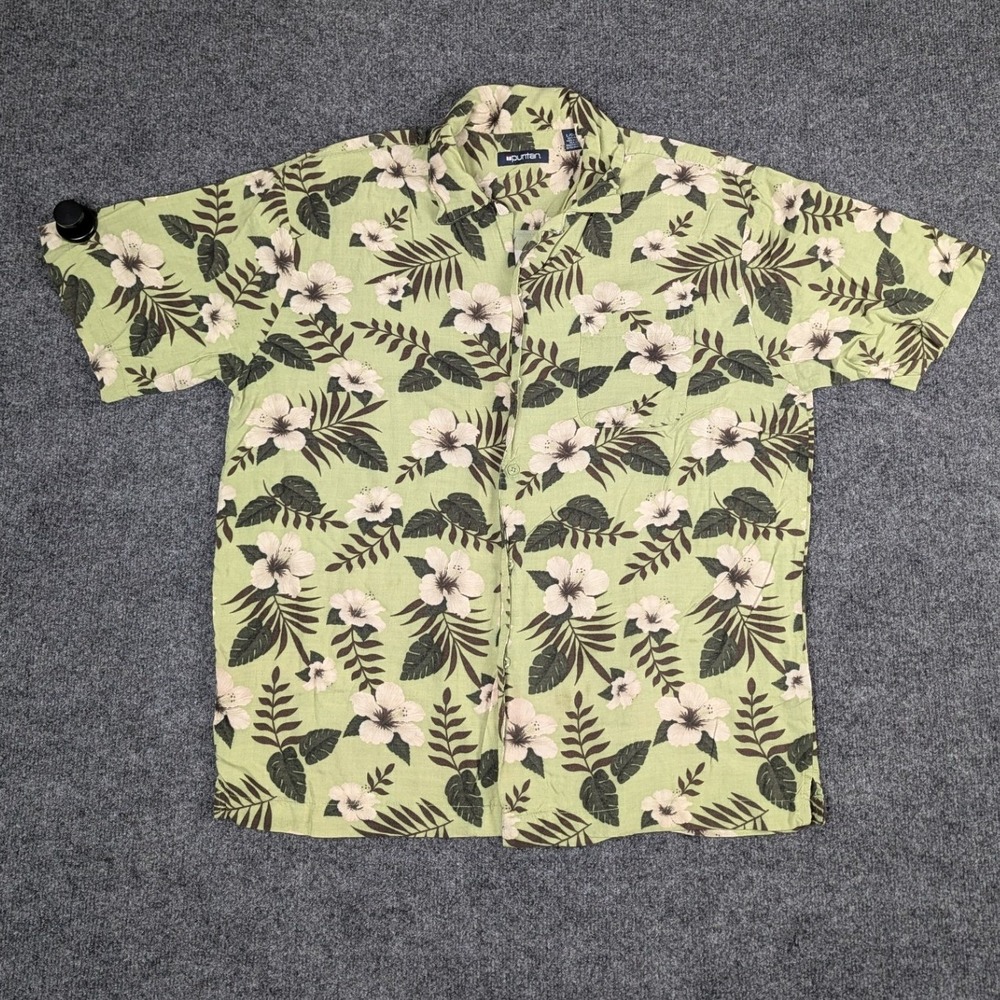 Puritan Mens Large Green Tropical Hibiscus Floral Rayon Short Sleeve Camp Shirt
